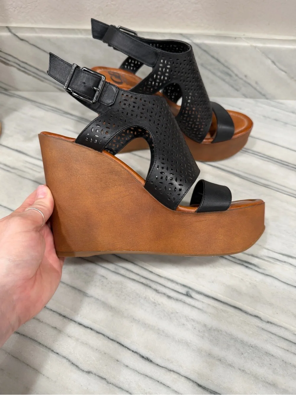 Gianni Bini Black Perforated Leather Wedge Sandals with Brown Platform